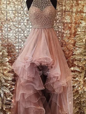 2024 Glamorous Pink Beading Layers Asymmetrical Tulle Prom Dresses