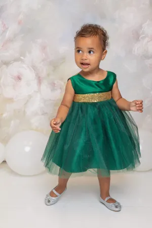 498B Gold Sequins V Back & Bow Baby Dress