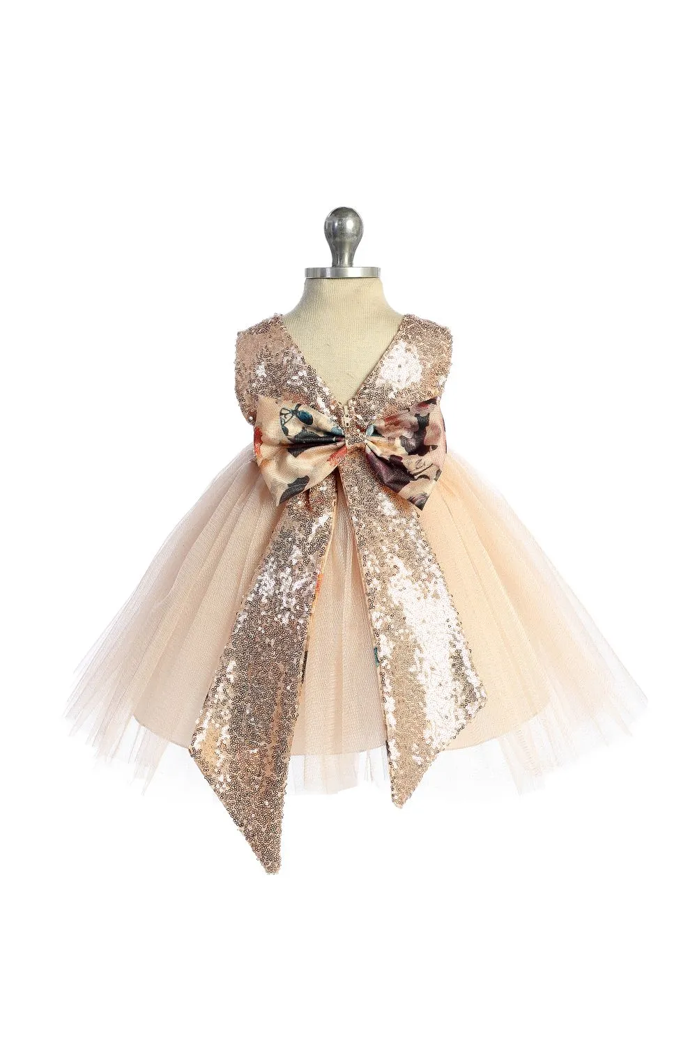 520B Vintage Rose Floral/Rose Gold Sequin V Back & Bow Baby Dress