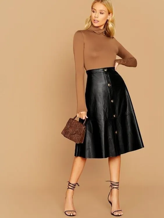 A-line Knee Length Leather Skirt