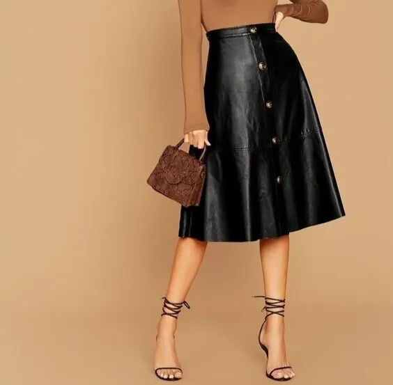 A-line Knee Length Leather Skirt