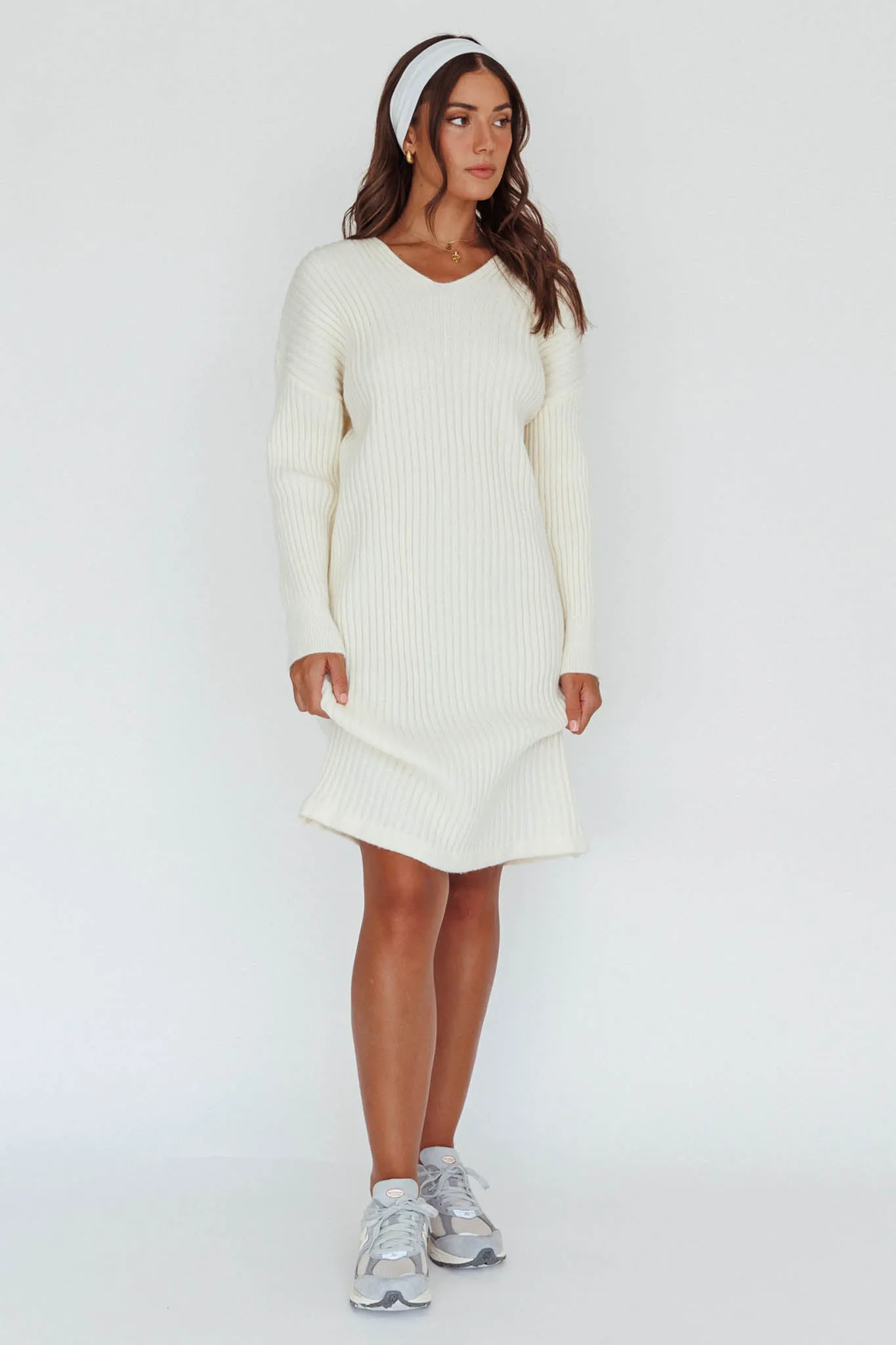 Autumn Hooded Sweater Midi Dress White