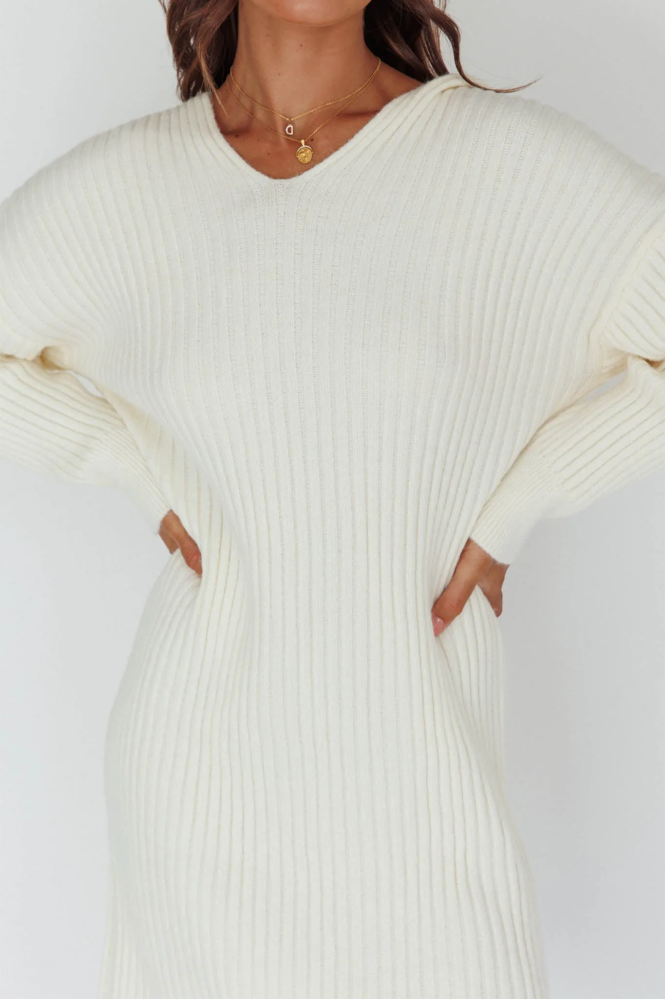 Autumn Hooded Sweater Midi Dress White