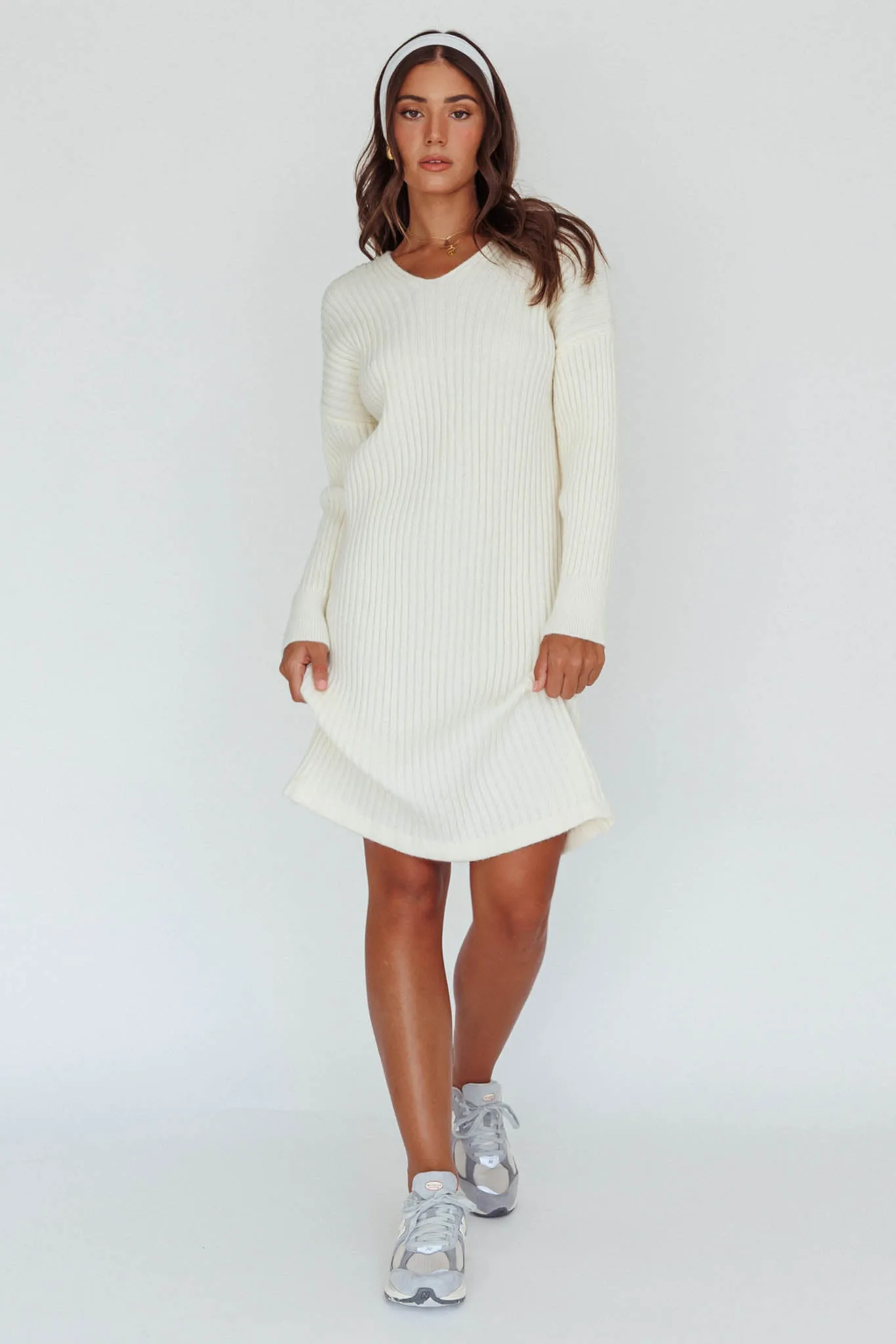 Autumn Hooded Sweater Midi Dress White