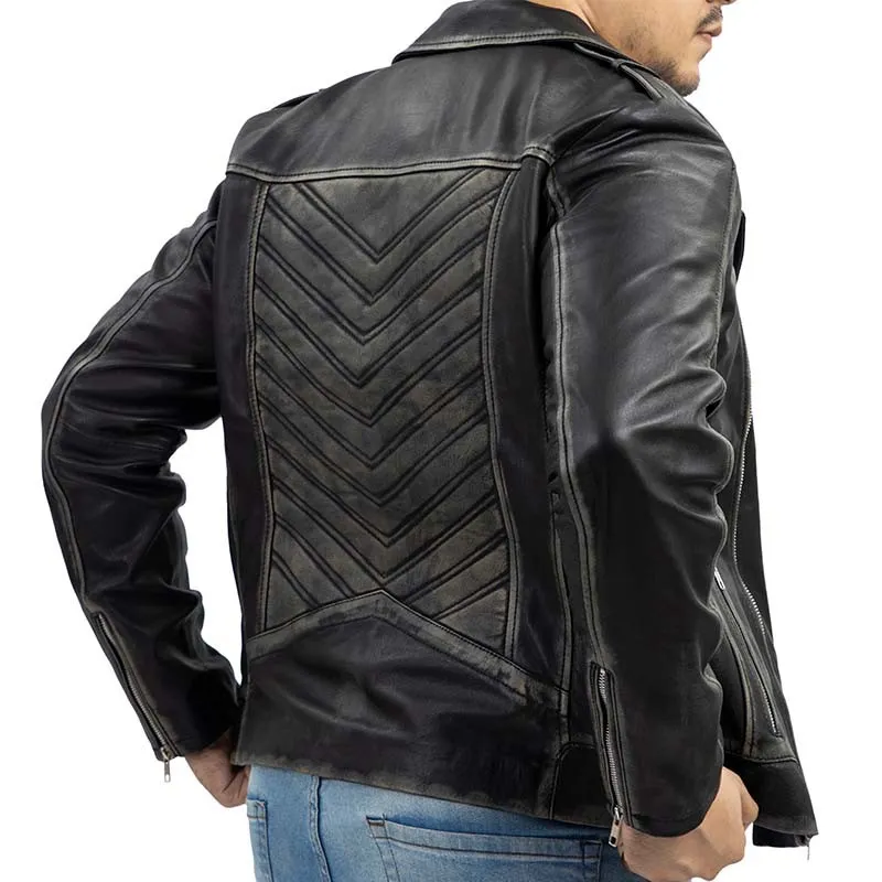 Biker Style Vintage Leather Jacket Men - Casual Fashion Asymmetric Zip-Up Cafe`Racer Waxed Lambskin Leather Motorcycle Jacket