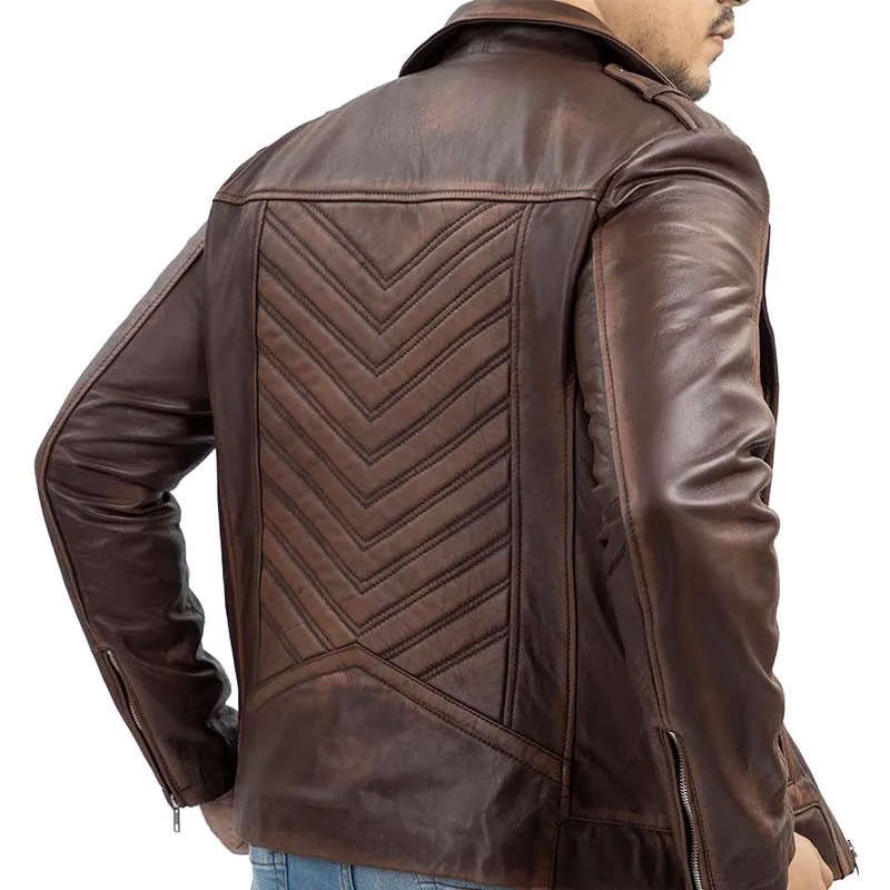 Biker Style Vintage Leather Jacket Men - Casual Fashion Asymmetric Zip-Up Cafe`Racer Waxed Lambskin Leather Motorcycle Jacket