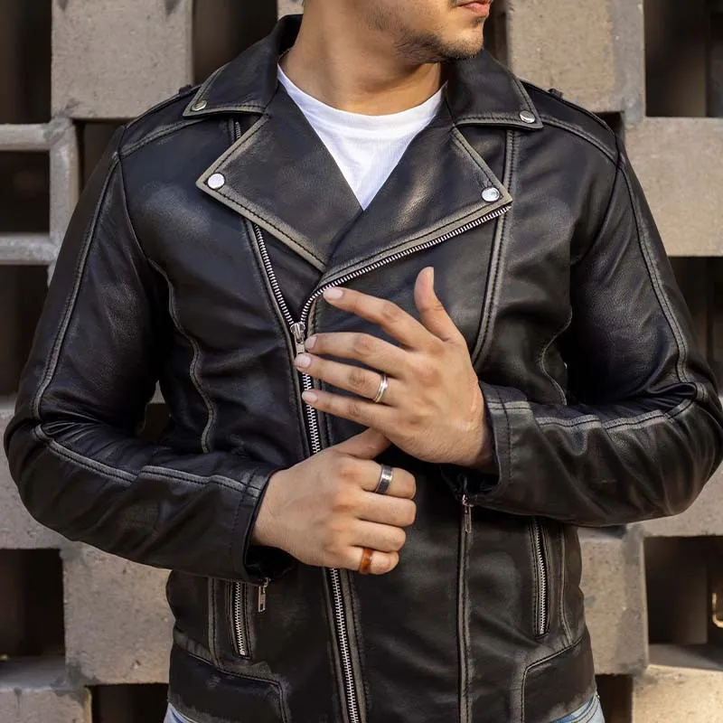 Biker Style Vintage Leather Jacket Men - Casual Fashion Asymmetric Zip-Up Cafe`Racer Waxed Lambskin Leather Motorcycle Jacket