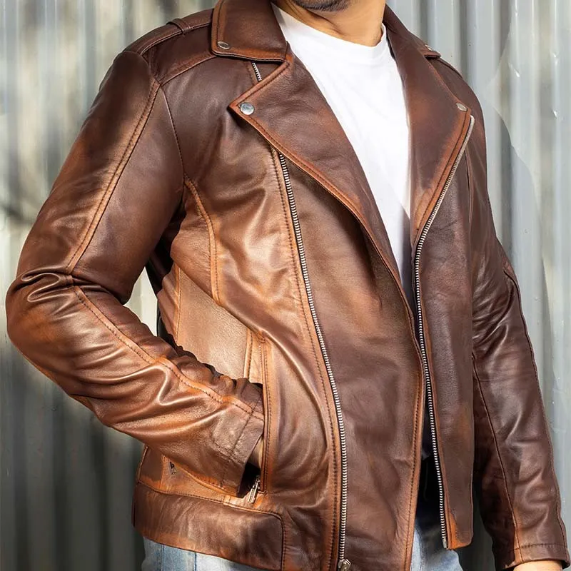 Biker Style Vintage Leather Jacket Men - Casual Fashion Asymmetric Zip-Up Cafe`Racer Waxed Lambskin Leather Motorcycle Jacket