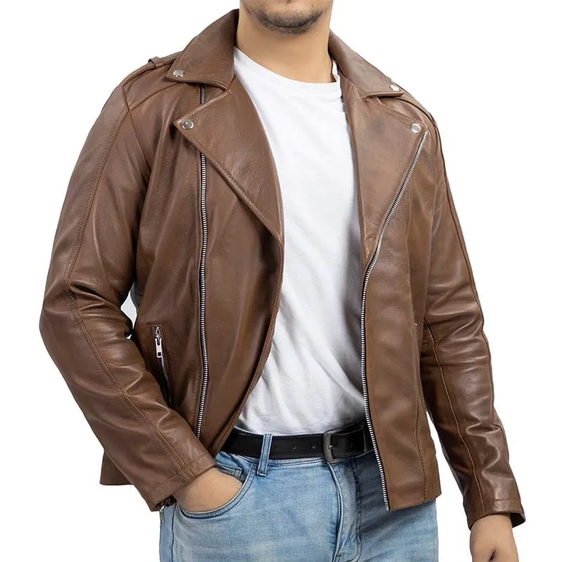 Biker Style Vintage Leather Jacket Men - Casual Fashion Asymmetric Zip-Up Cafe`Racer Waxed Lambskin Leather Motorcycle Jacket