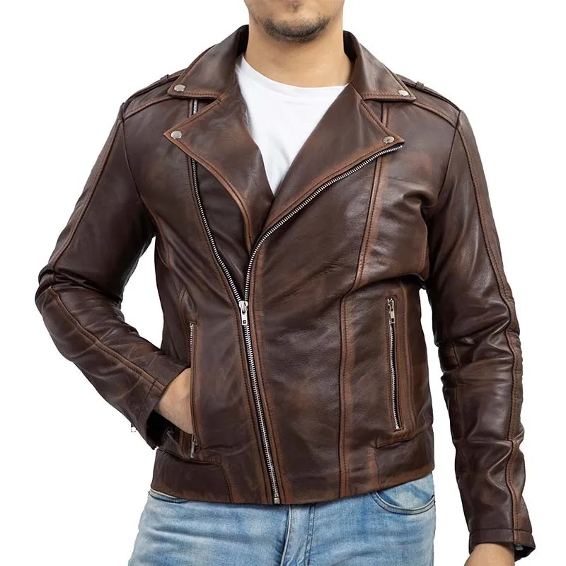 Biker Style Vintage Leather Jacket Men - Casual Fashion Asymmetric Zip-Up Cafe`Racer Waxed Lambskin Leather Motorcycle Jacket