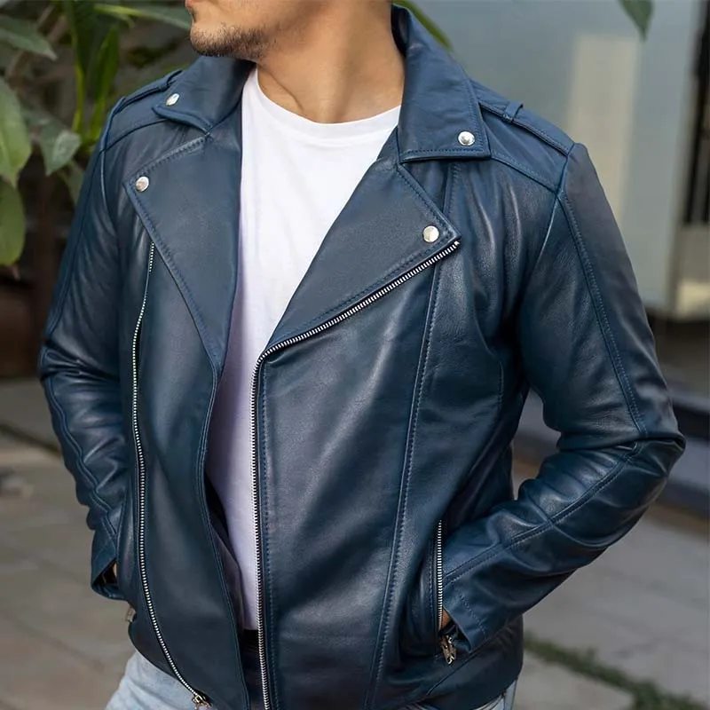 Biker Style Vintage Leather Jacket Men - Casual Fashion Asymmetric Zip-Up Cafe`Racer Waxed Lambskin Leather Motorcycle Jacket