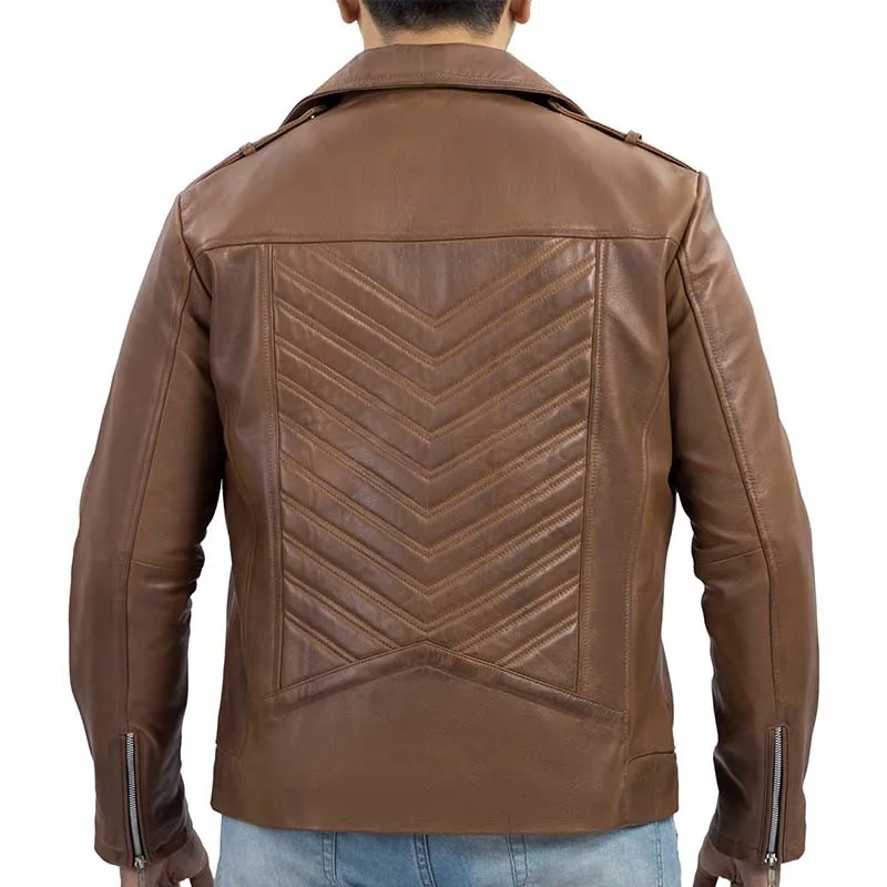 Biker Style Vintage Leather Jacket Men - Casual Fashion Asymmetric Zip-Up Cafe`Racer Waxed Lambskin Leather Motorcycle Jacket