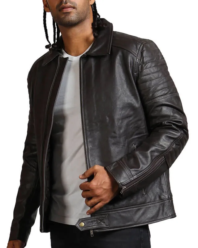 Black Collared Leather Biker Jacket