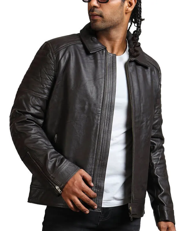 Black Collared Leather Biker Jacket