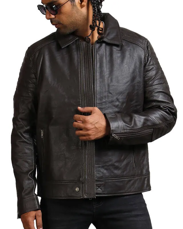 Black Collared Leather Biker Jacket