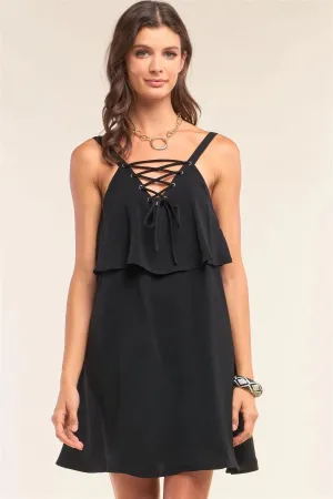 Black Sleeveless Lace-Up Detail V-Neck Layered Mini Dress /1-2-2-1