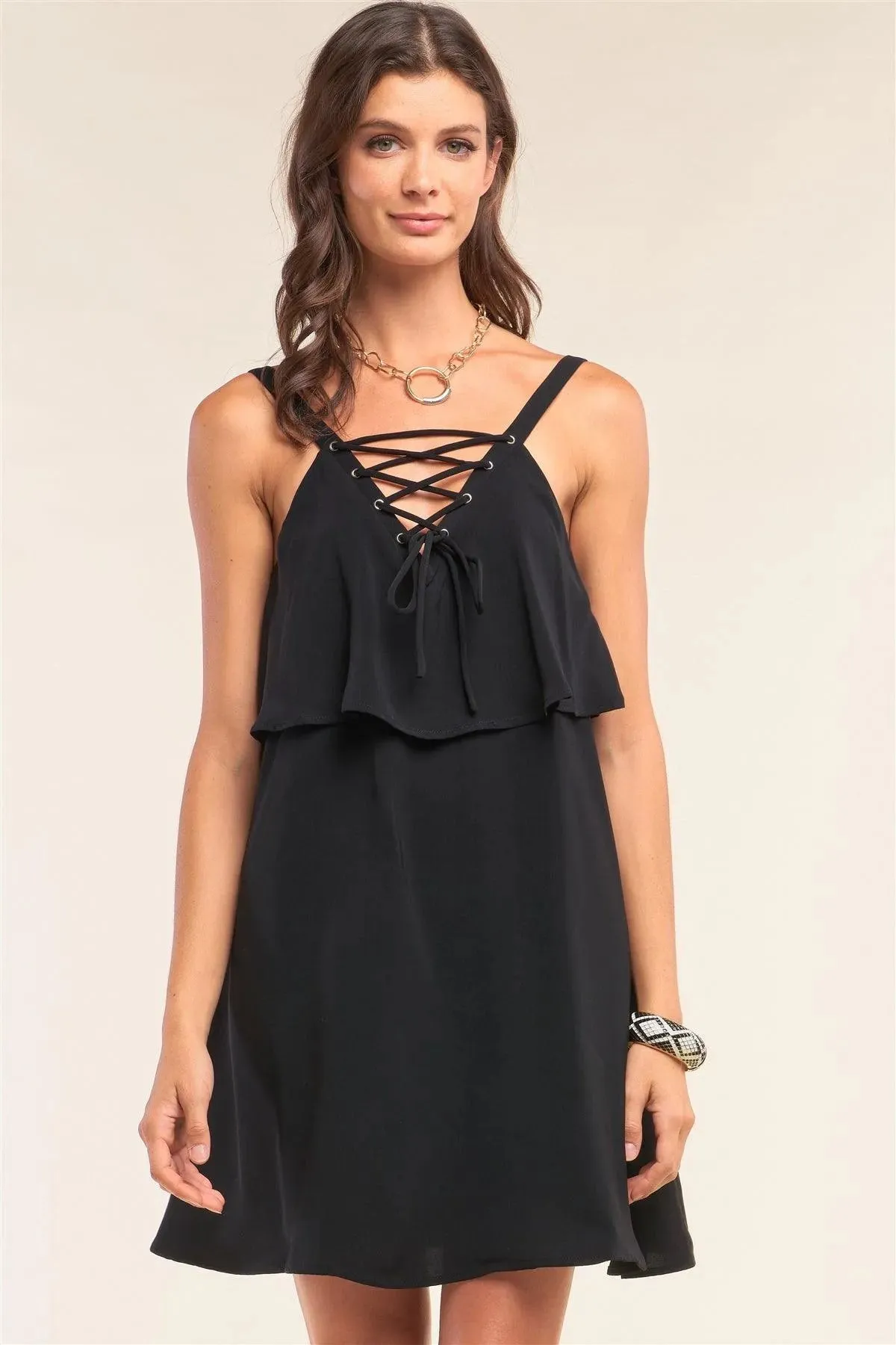 Black Sleeveless Lace-Up Detail V-Neck Layered Mini Dress /1-2-2-1