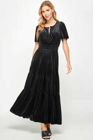 Black Velvet Tiered Midi Dress