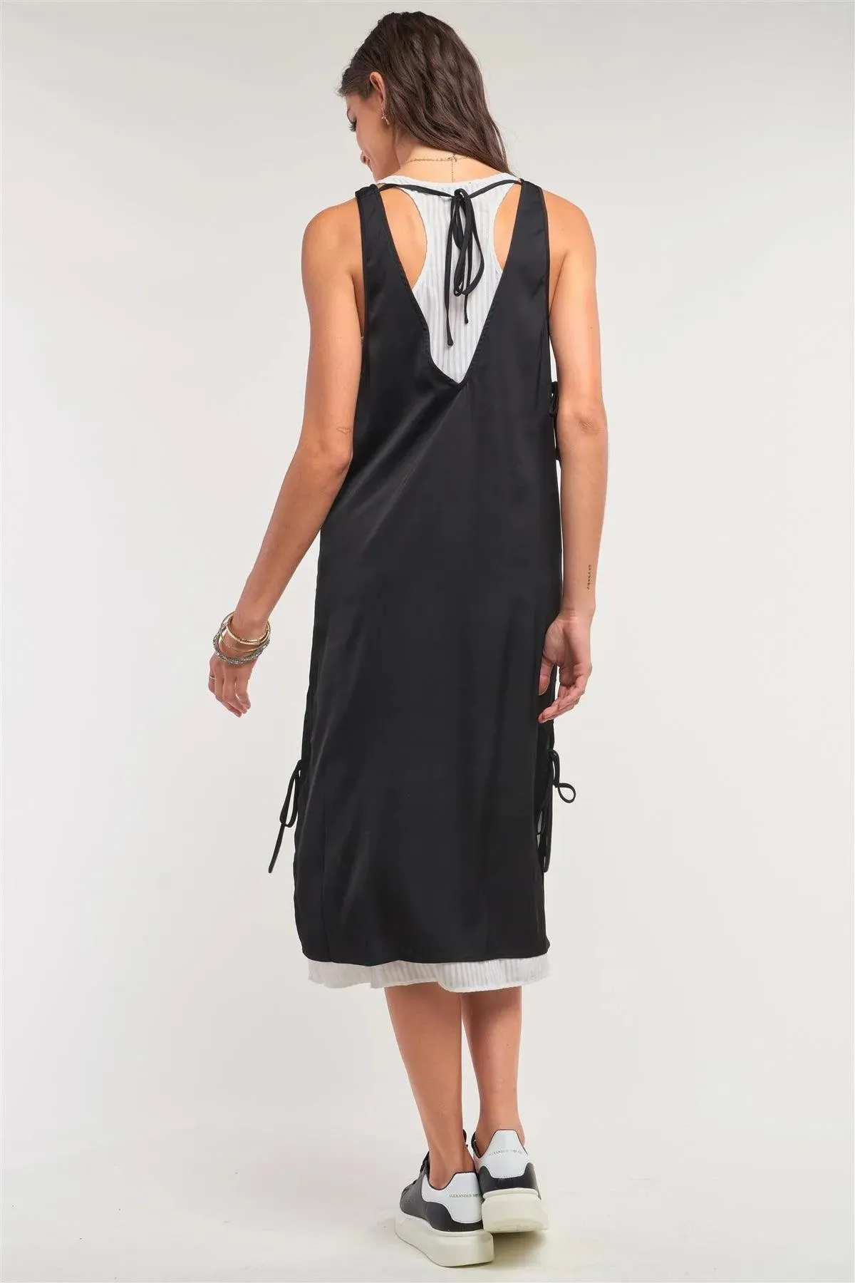 Black&White Satin Sleeveless Two-In-One Striped Mesh Self-Tie Detail Slip Midi Dress /1-1-2