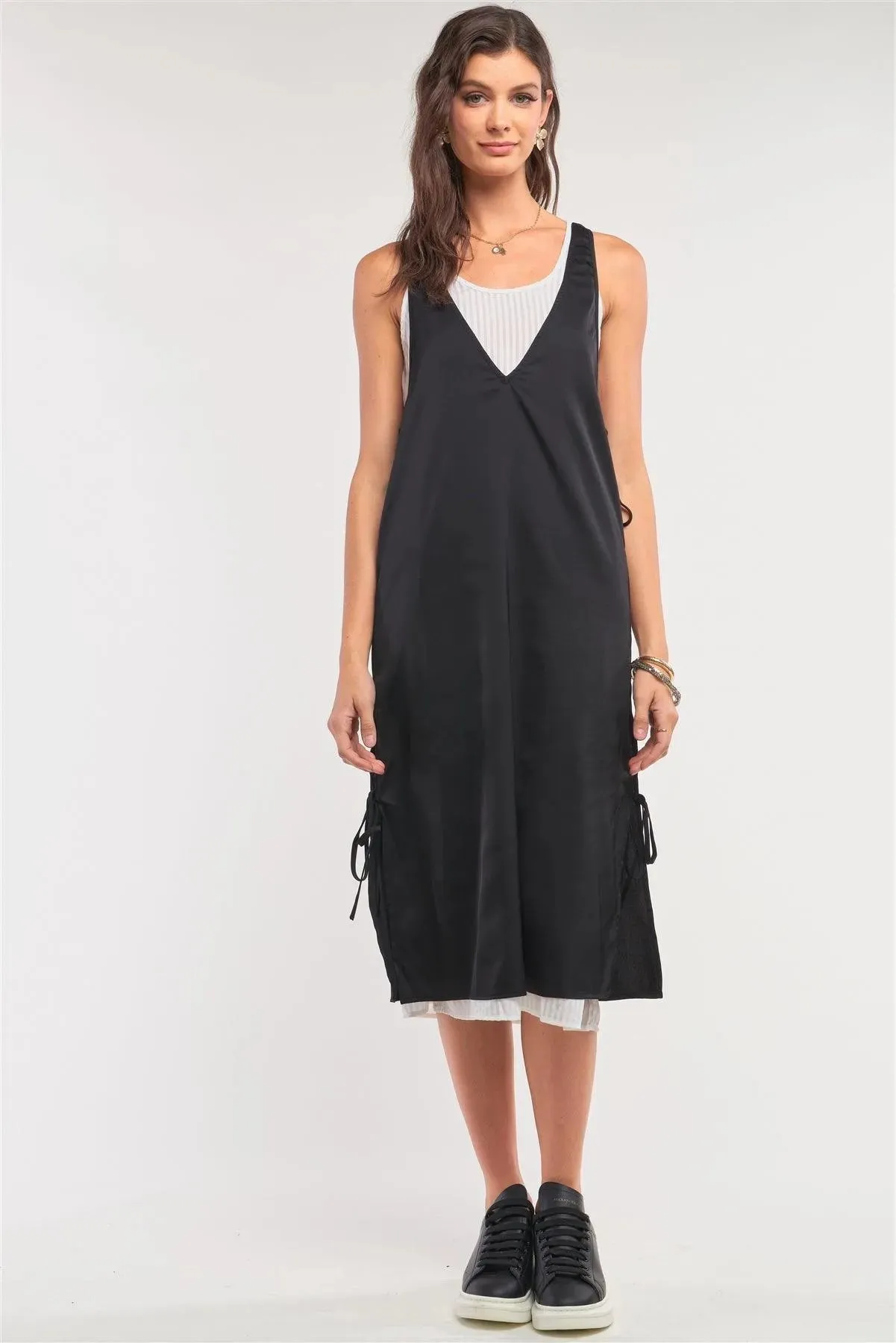 Black&White Satin Sleeveless Two-In-One Striped Mesh Self-Tie Detail Slip Midi Dress /1-1-2