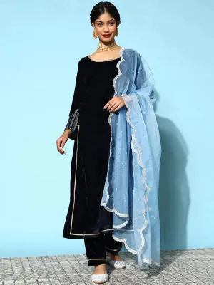 Blue Solid Velvet Straight Kurta With Dupatta