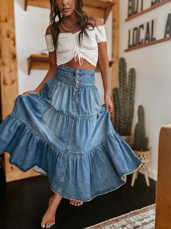 Blue Zone Planet |  Bohemian A-line Tiered Denim Maxi Skirt