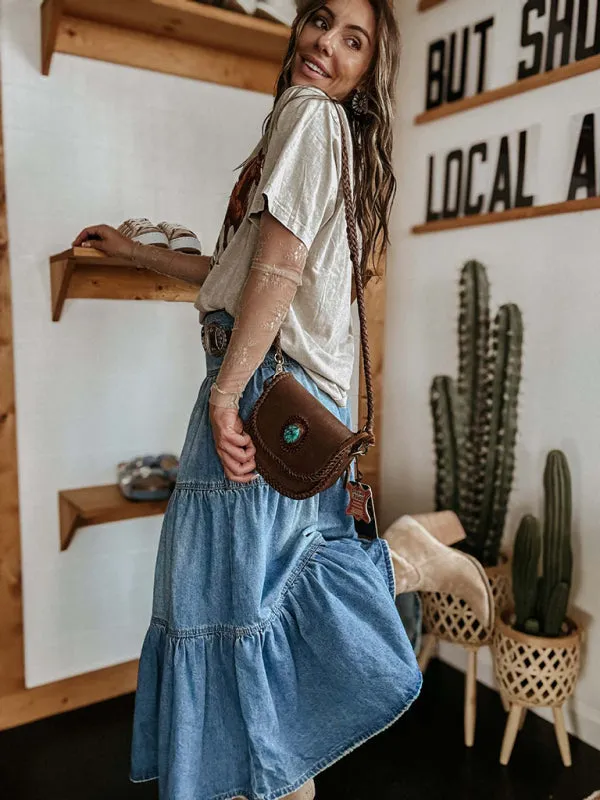 Blue Zone Planet |  Bohemian A-line Tiered Denim Maxi Skirt