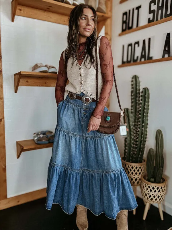 Blue Zone Planet |  Bohemian A-line Tiered Denim Maxi Skirt