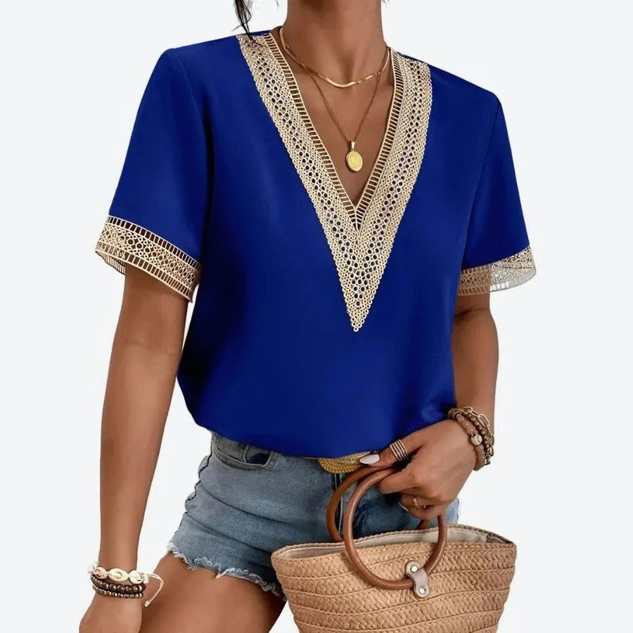 Boho V-Neck Lace Trim Blouses