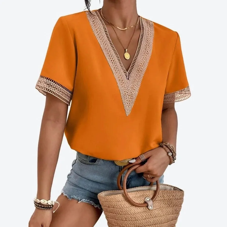 Boho V-Neck Lace Trim Blouses