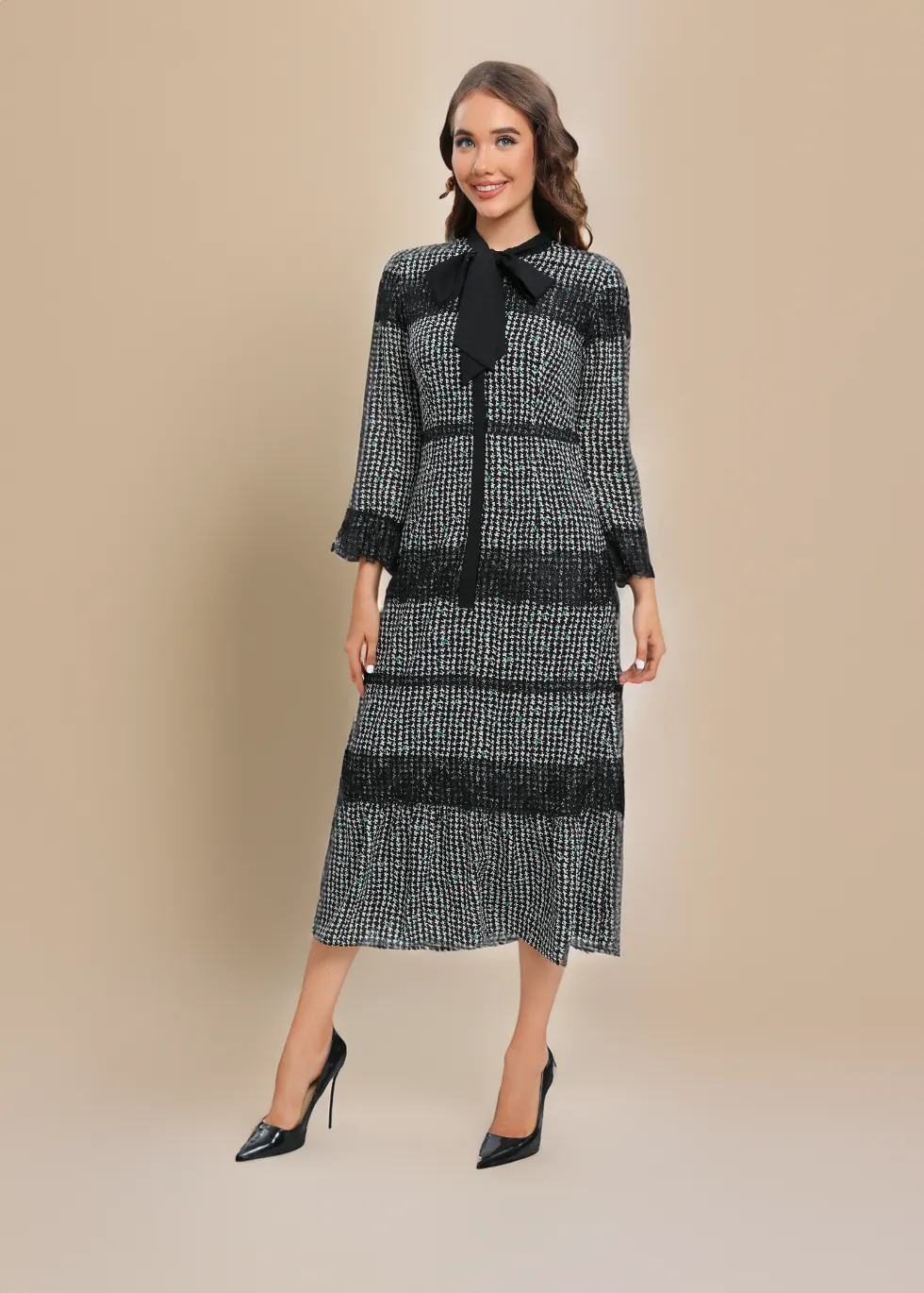 Classic Tweed Shift Dress with Bow Collar Detail