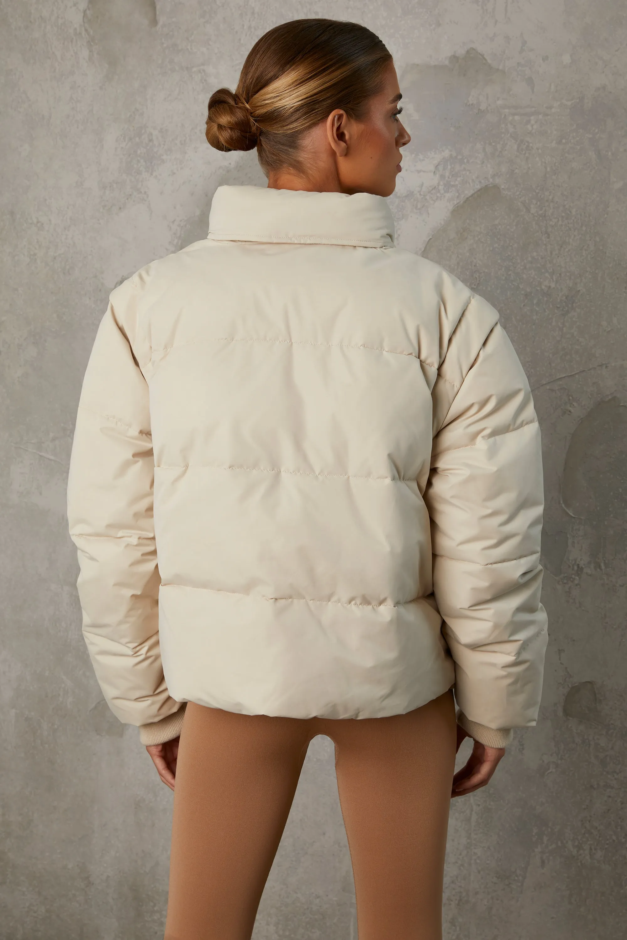 Cropped Puffer Jacket with Detachable Sleeves in Sand