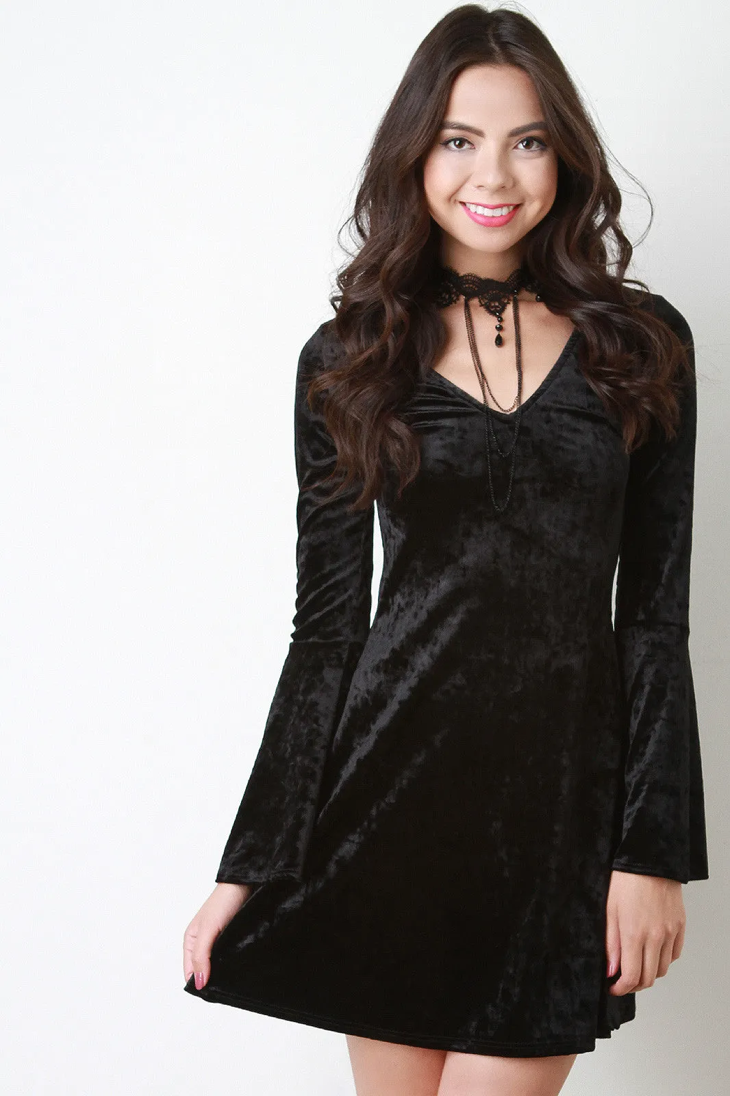 Crushed Velvet Choker Bell Sleeve Dress