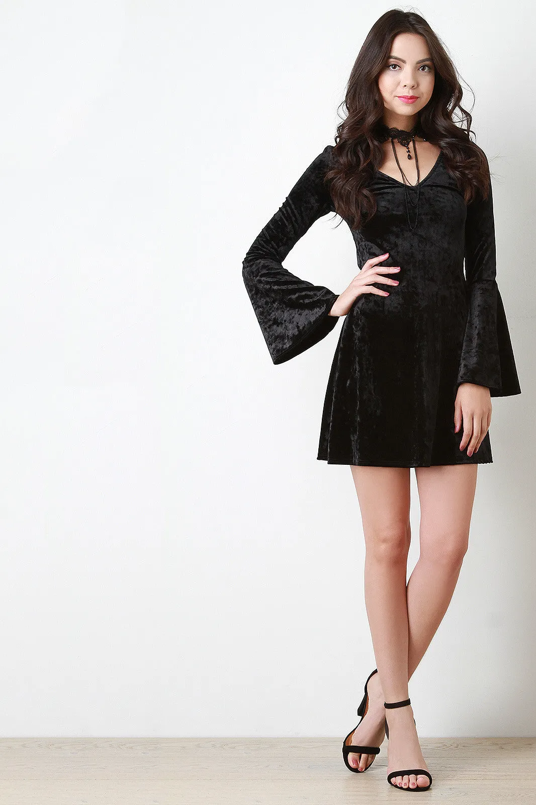 Crushed Velvet Choker Bell Sleeve Dress