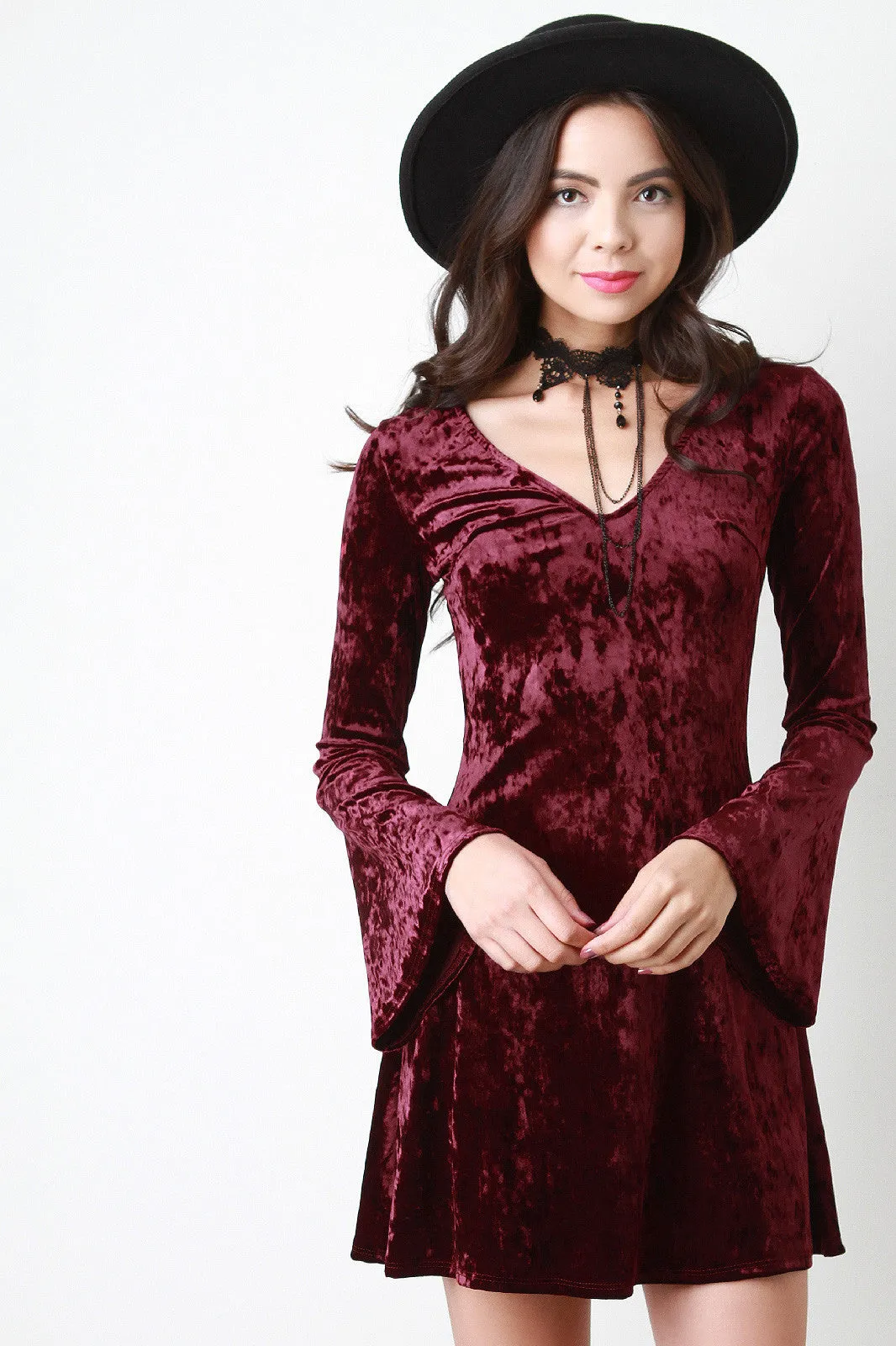 Crushed Velvet Choker Bell Sleeve Dress