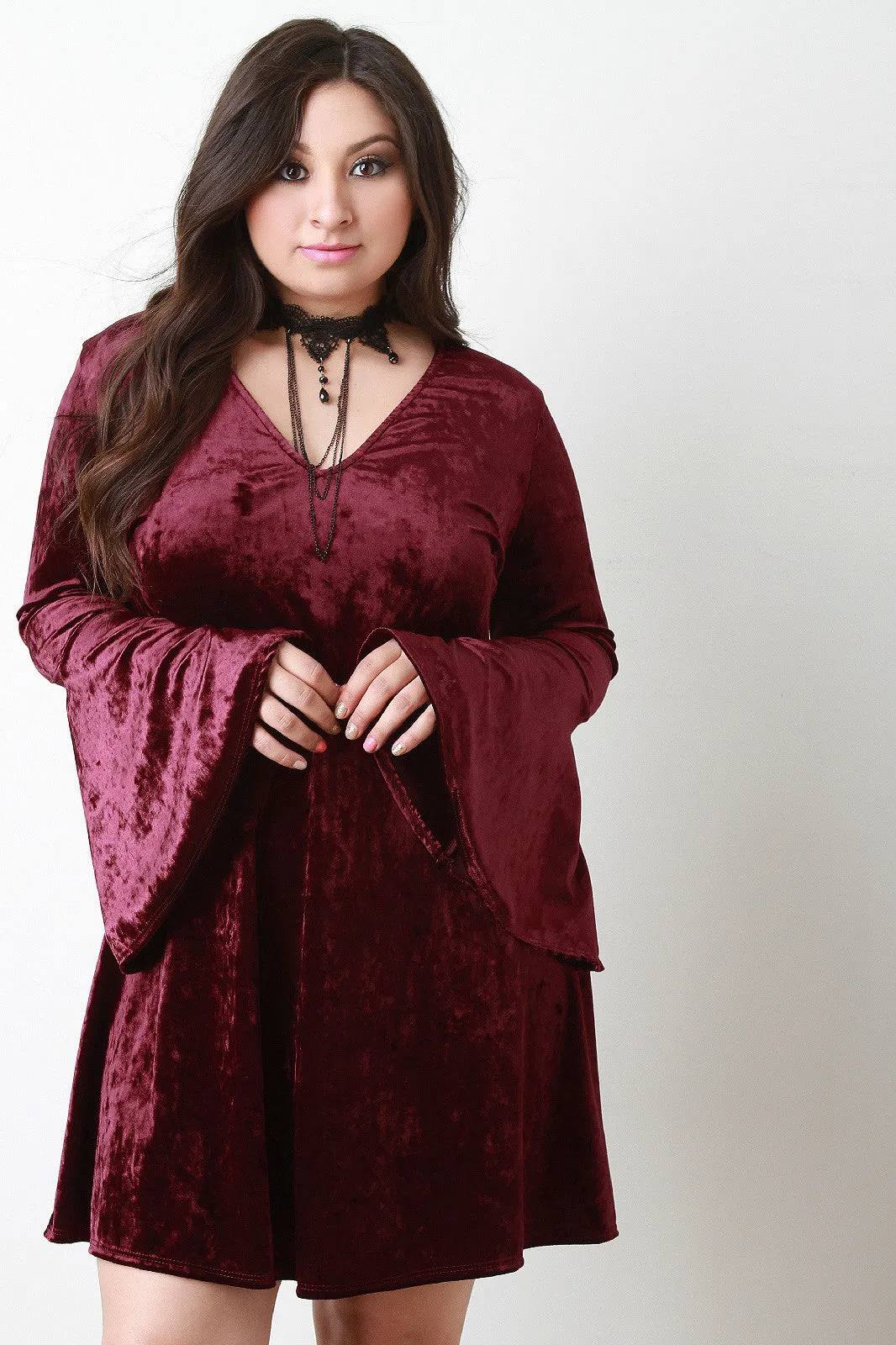 Crushed Velvet Choker Necklace Bell Sleeve Dress