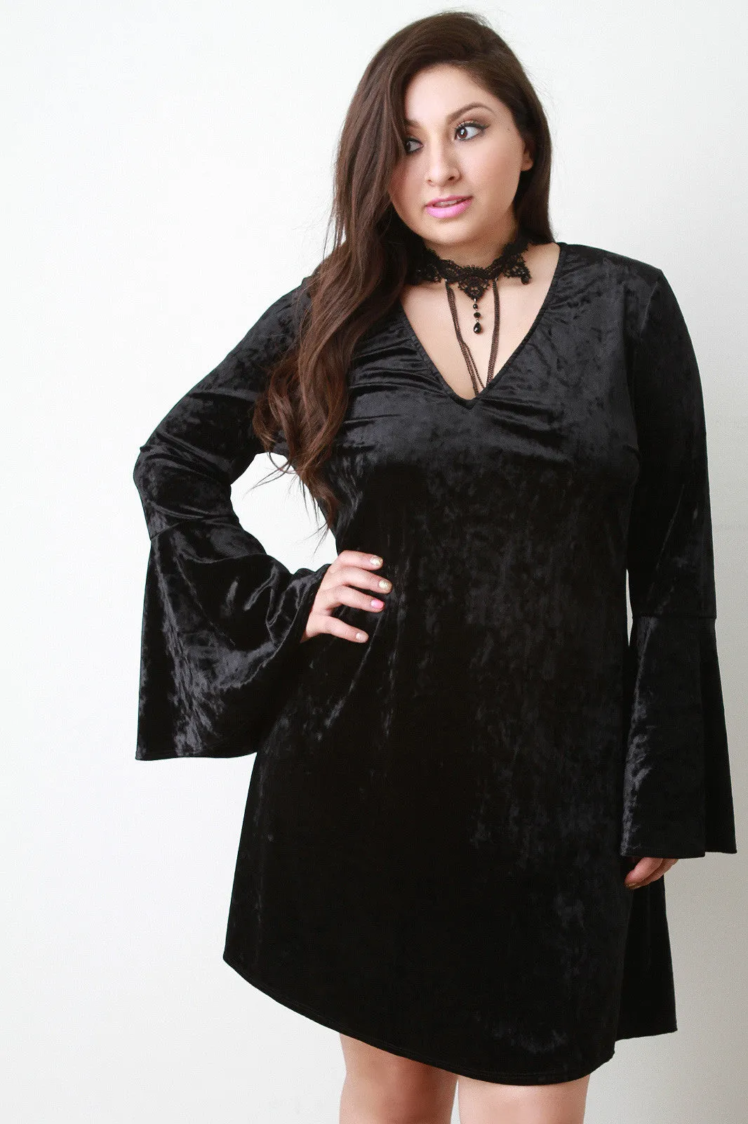 Crushed Velvet Choker Necklace Bell Sleeve Dress