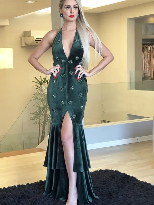 Dark Green Velvet Beading Mermaid Halter Slit Prom Dresses.PD00260