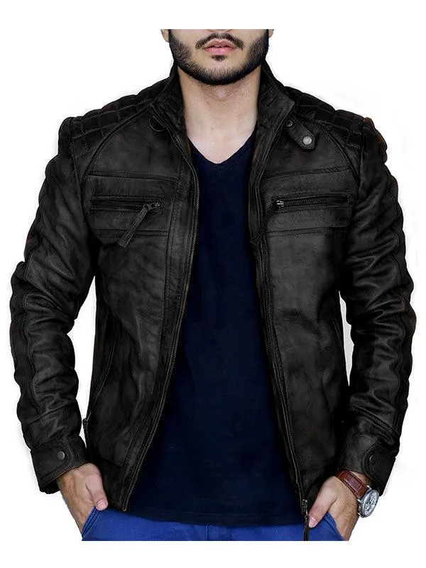 Diamond Classic Bomber Leather Jacket - Black