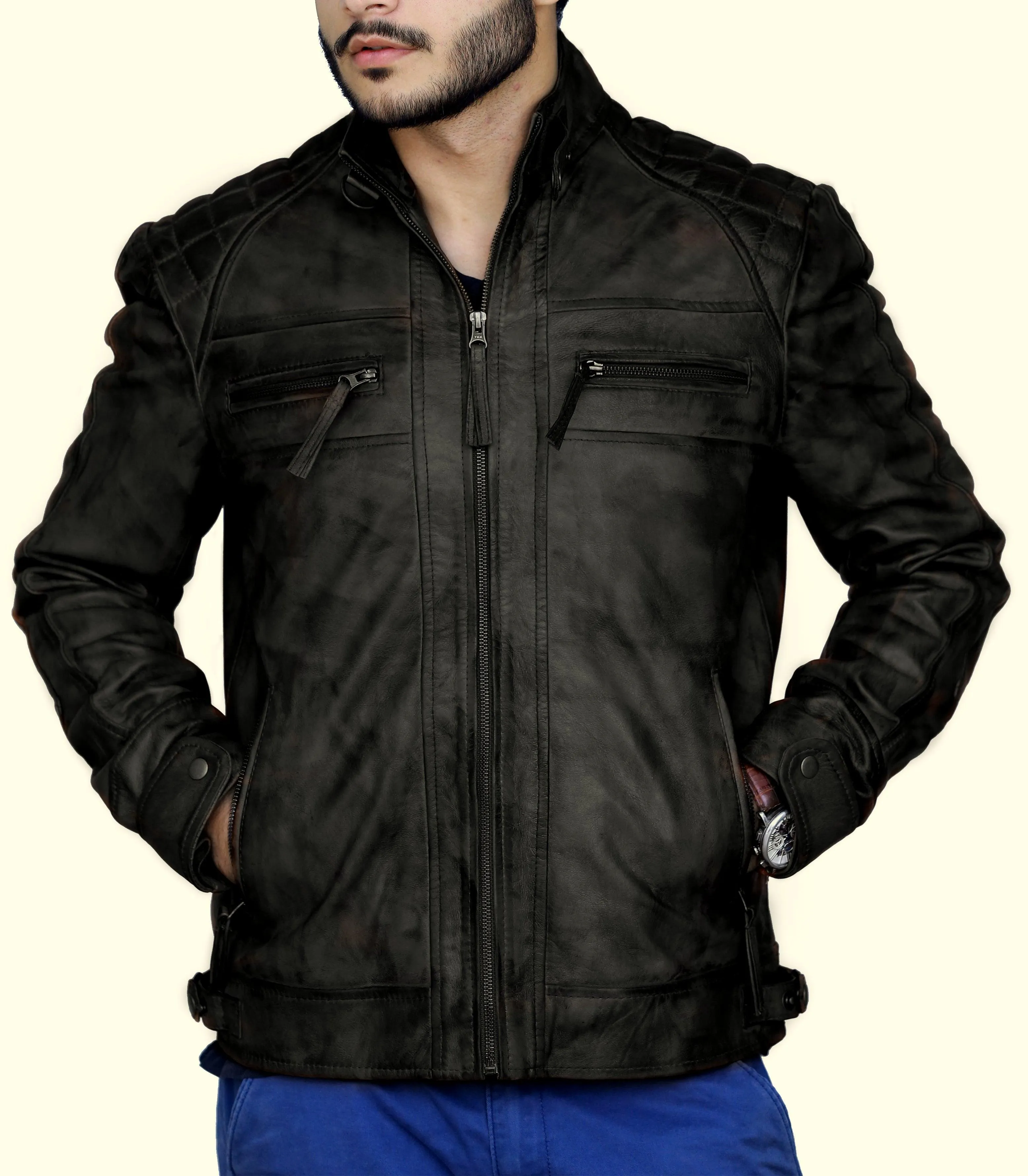 Diamond Classic Bomber Leather Jacket - Black