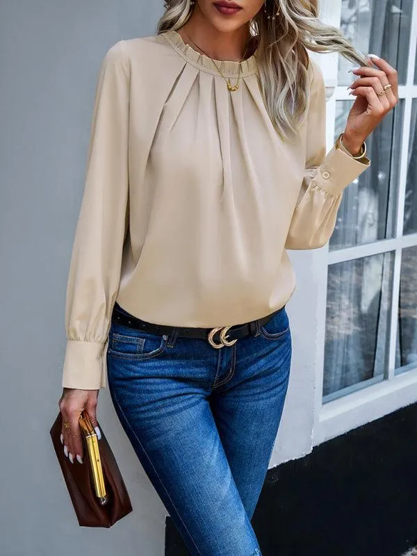 Elegant Lace-Accented Long-Sleeve Blouse - Women's Chic Top