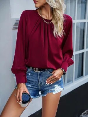 Elegant Lace-Accented Long-Sleeve Blouse - Women's Chic Top