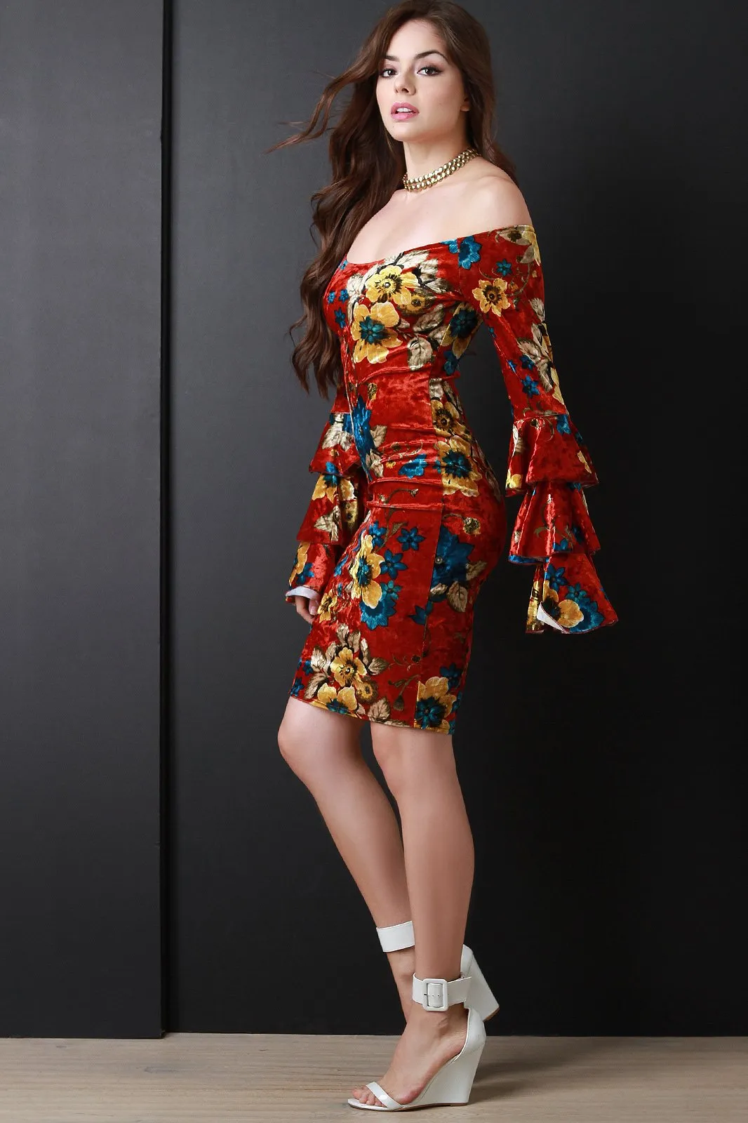 Floral Velvet Tiered Ruffled Sleeve Bardot Midi Dress