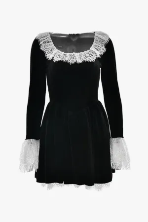 French Style Layered Lace Long Sleeve Drop Waist Velvet Party Mini Dress