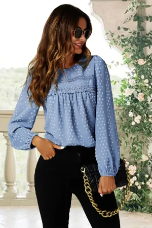 FS Collection Lace Detail Long Sleeve Blouse Top In Blue