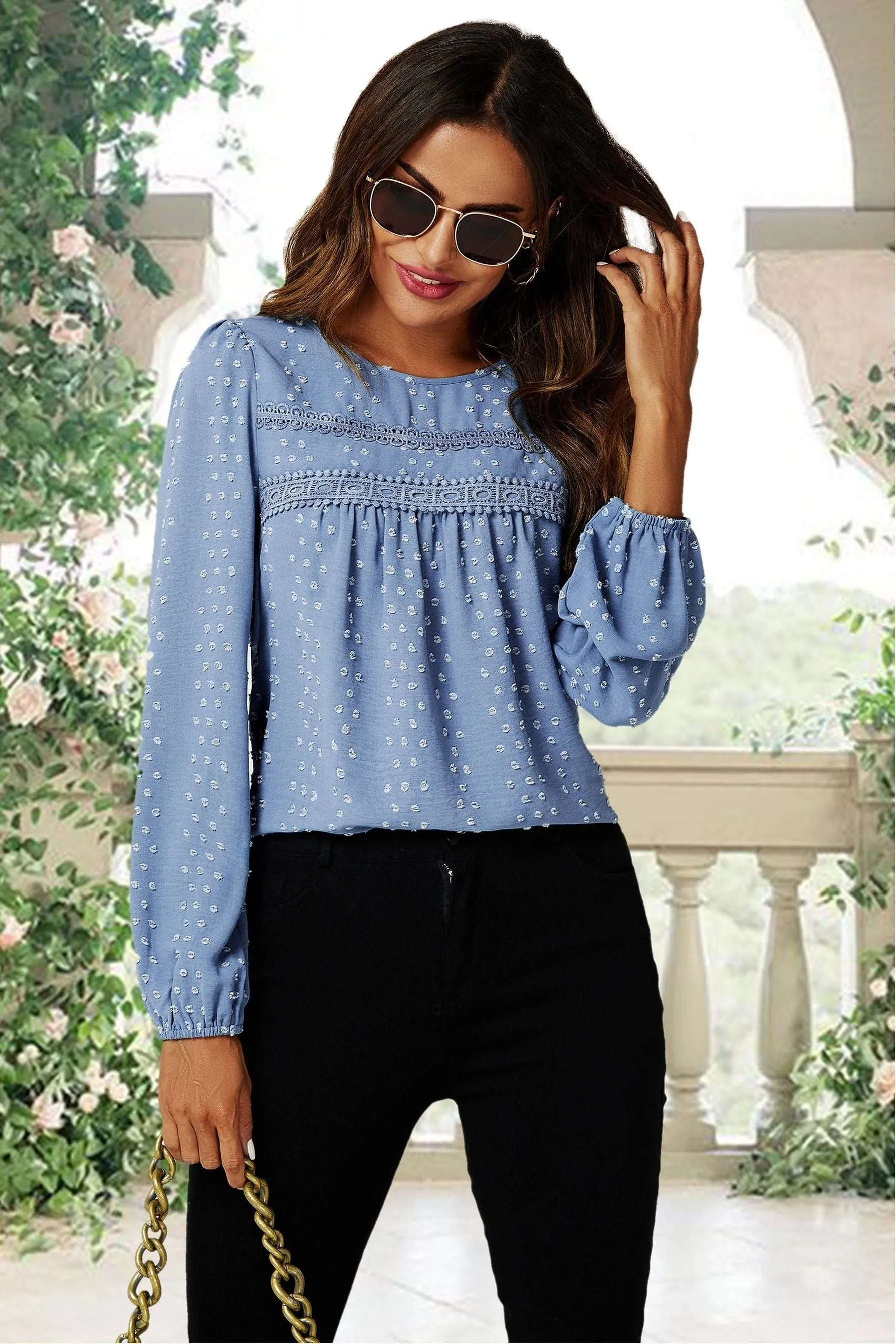 FS Collection Lace Detail Long Sleeve Blouse Top In Blue