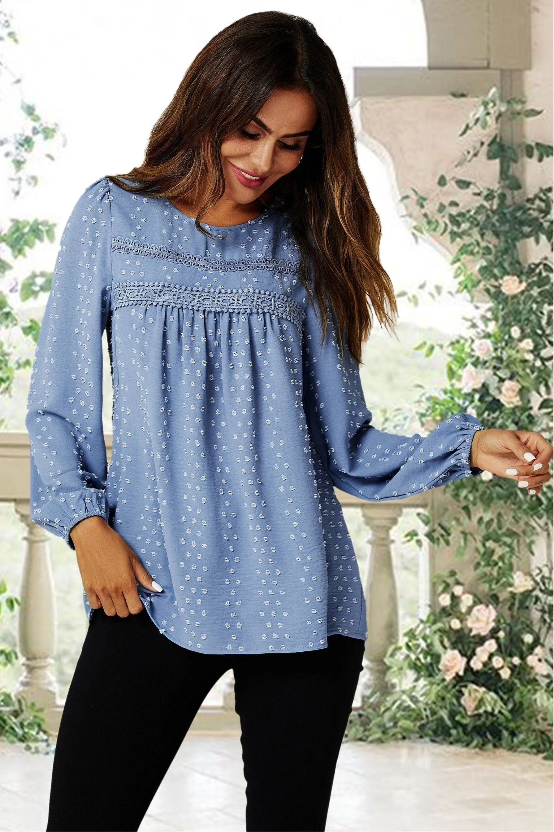 FS Collection Lace Detail Long Sleeve Blouse Top In Blue