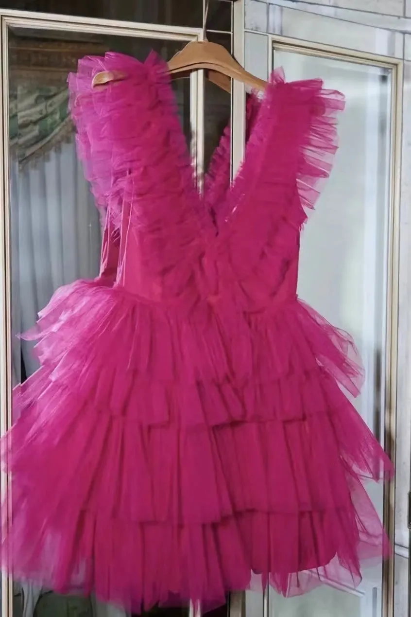 Fuchsia Ruffled Layers Plunging V Neck Homecoming Dress Short Grad Dresses