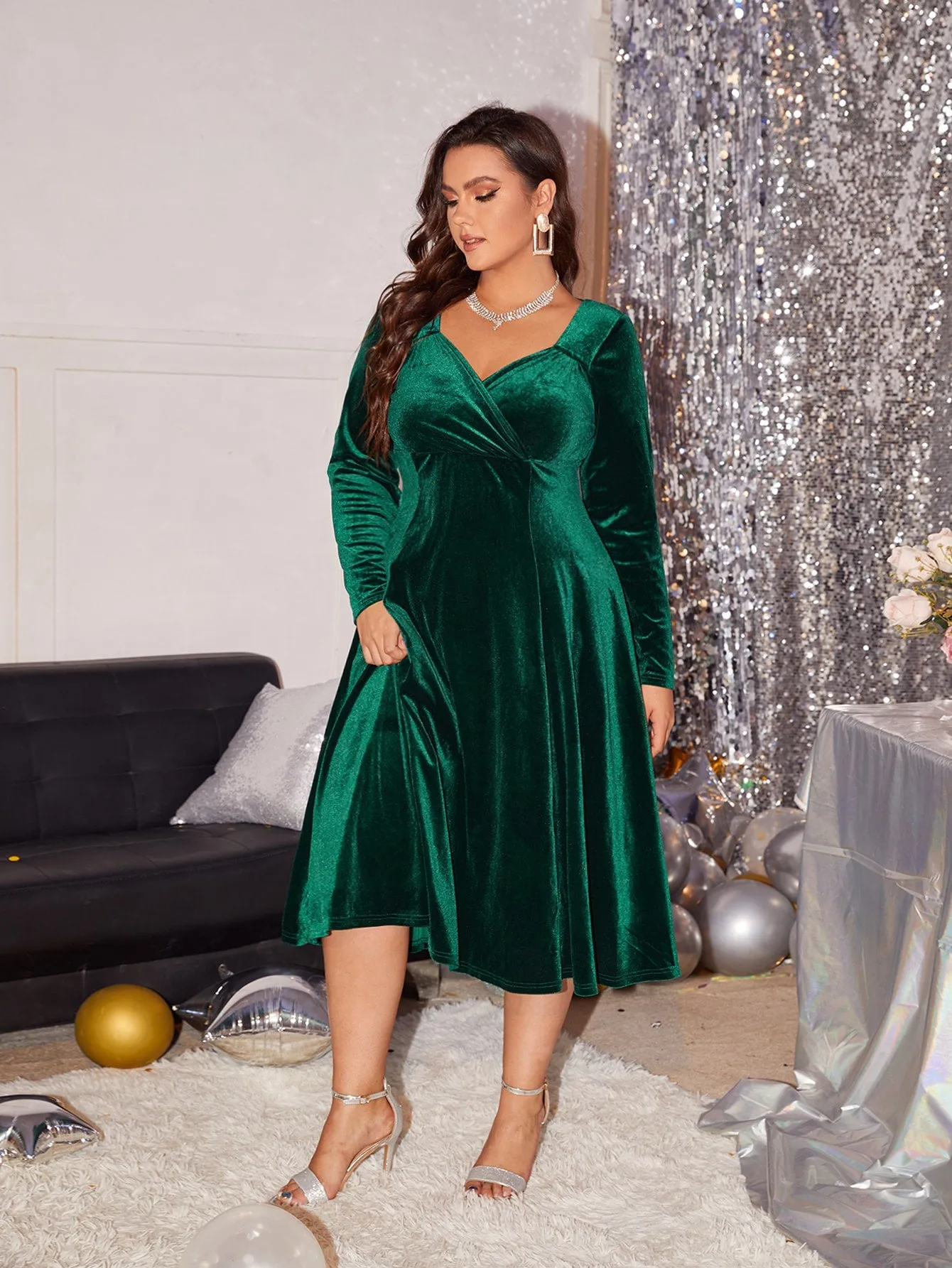 Glamorous Plain Wrap Long Sleeve V Neck Flared High Waist Midi Plus Size Dress