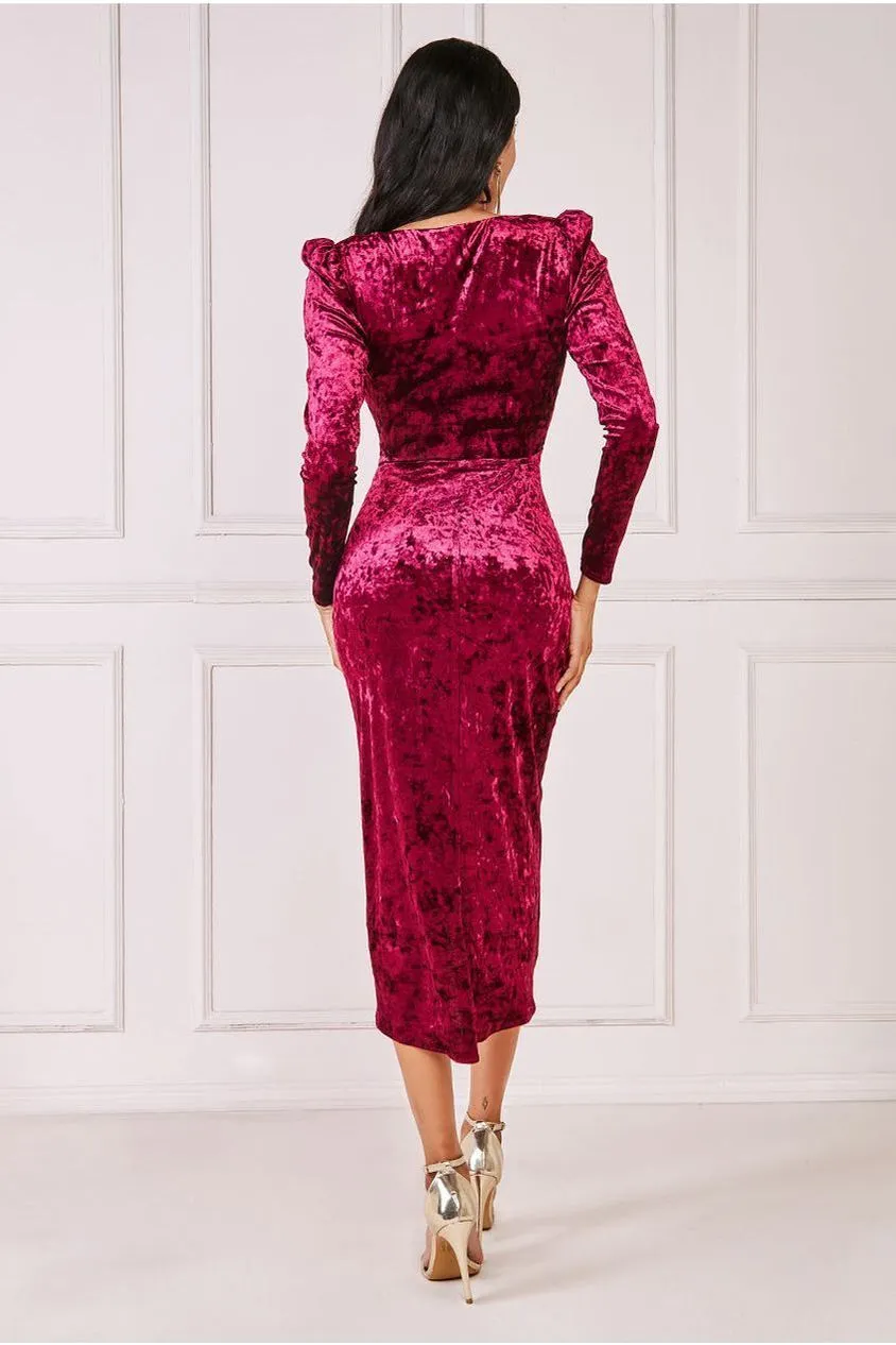 Goddiva Flared Hem Ice Velvet Midi  - Burgundy